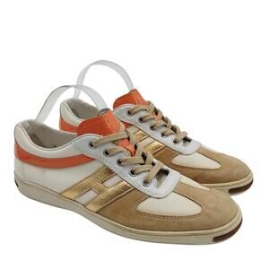 Hogan Womens Size 10 Logo Sneakers Trainers Orange Gold Tan Patent Leather Suede